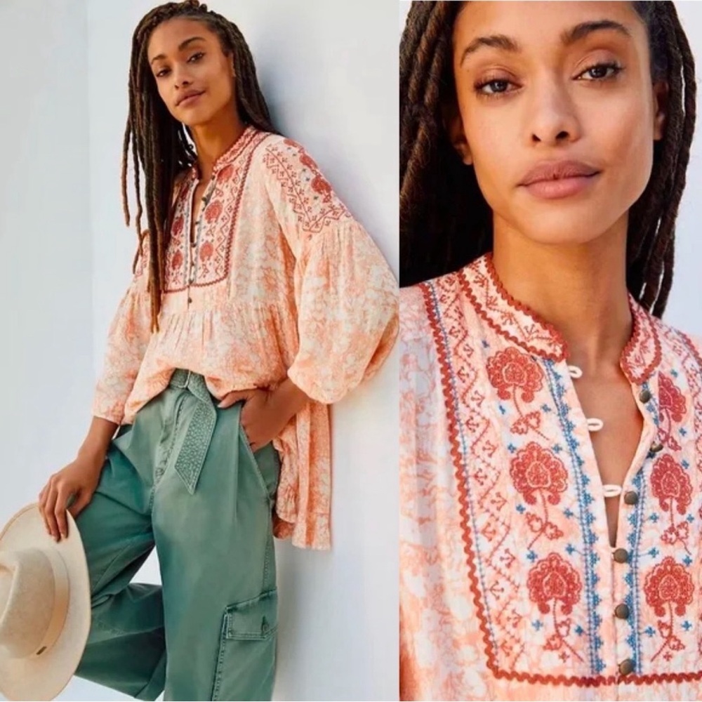 Anthropologie Claudia Floral Embroidered Babydoll Tunic XS